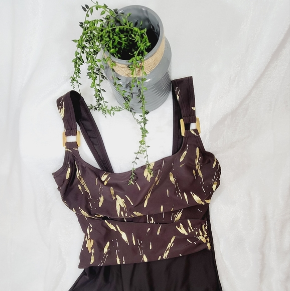 Silhouette Solution Brown 1Piece Swimsuit w/Gold Metallic Detailing size 14D - Picture 2 of 6